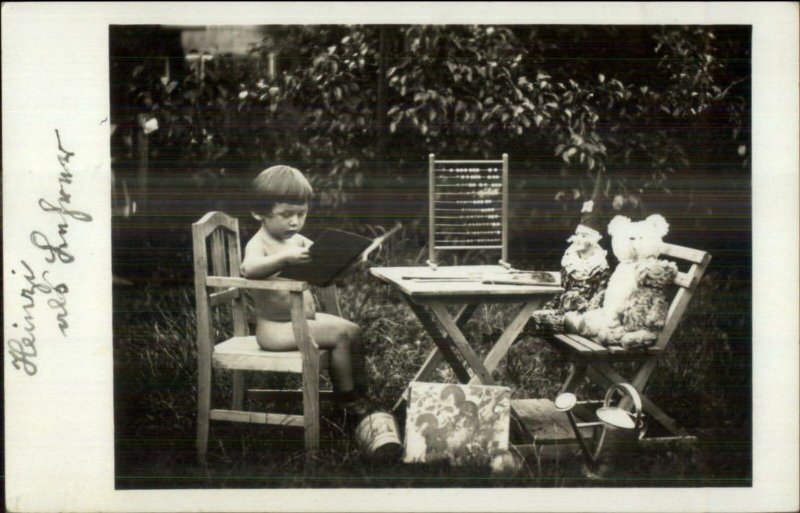 Bare Butt Little Boy Reading Book Table Abacus Teddy Bears c1930 RPPC 