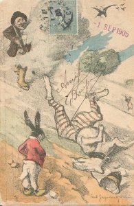 Scarce artist Paul Guignebauly 1905 The Hunt humanized rabbits rare caricature