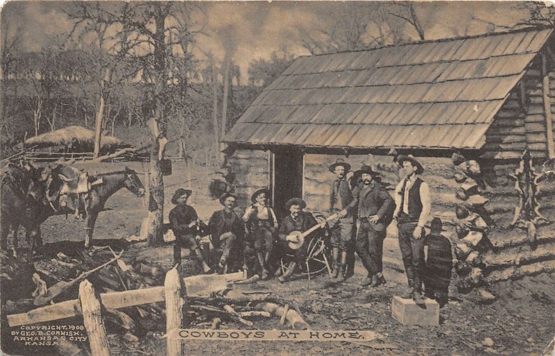 H75/ Manitou Oklahoma Postcard c1910 Cowboys Log Cabin Banjo Horse 110