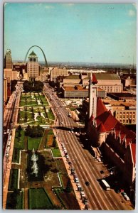 Vtg St Louis Missouri MO Market Street Aerial View & Aloe Plaza Arch Postcard