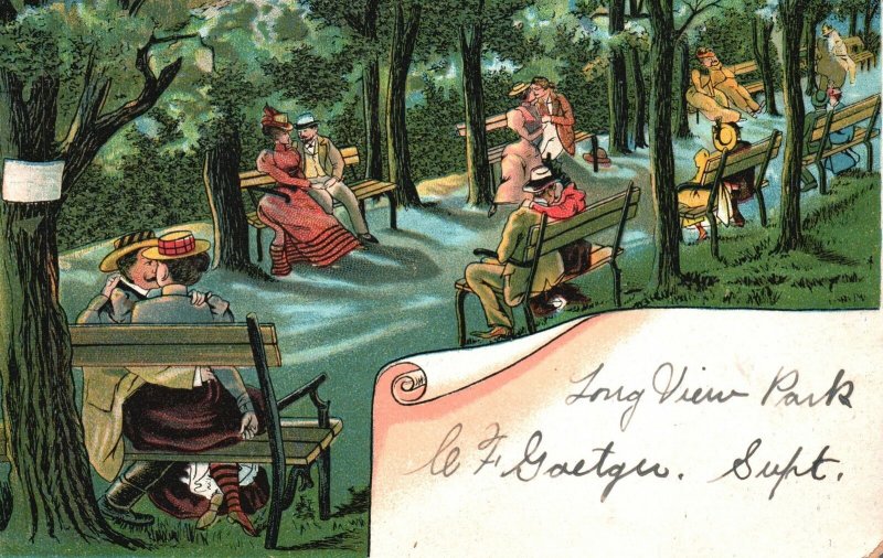 Vintage Postcard Comic Card Advertising Long View Park Lovers Kissing Bench