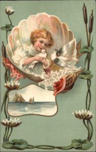 Art Nouveau Child Shells Seashell Lilypads c1910 Embossed Postcard #1