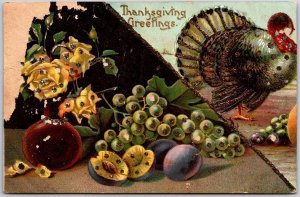 Thanksgiving Greetings Turkey & Fruits Holiday Season Postcard