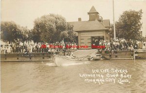IN, Michigan City, Indiana, RPPC, US Life Savers Launching Boat, A.E Smith Photo