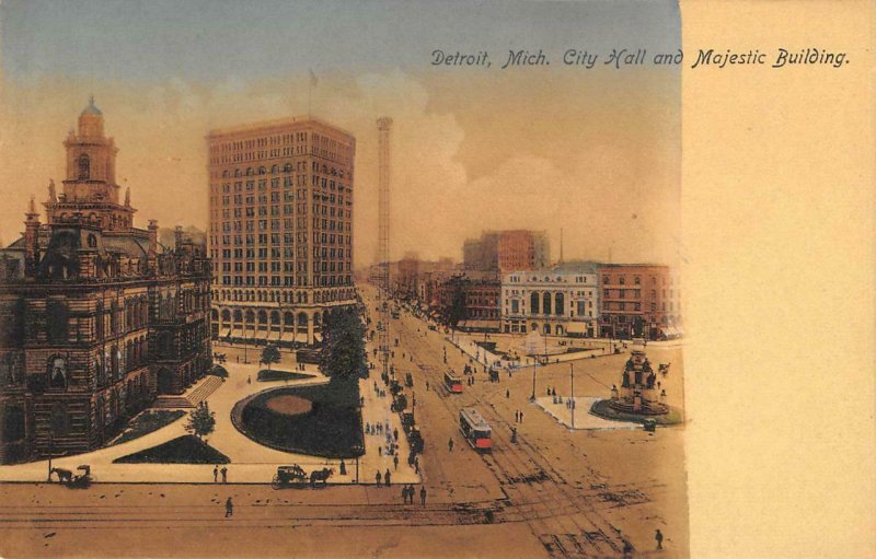 DETROIT, MI City Hall & Majestic Building Hand-Colored c1900s Vintage Postcard