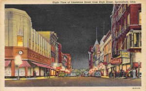 Limestone Street Night Cars Woolworth Drug Store Springfield Ohio linen postcard