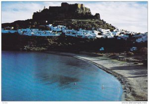 Sandy Beach and Acropolis, Lindos, Dodecanese, Rhodes, Greece, 50-70's