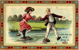 Couple on Stepping Stones Water Summer Scenes Series 165 Vintage Postcard T07