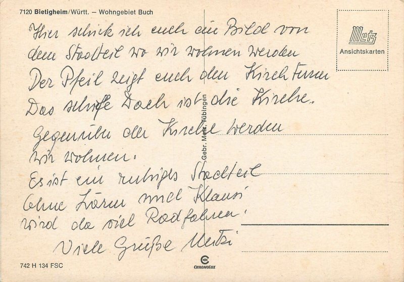 Germany Postcard Bietigheim Wohngebiet Buch