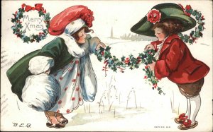 Christmas Fancy Boy & Girl Big Hats Muff Holly Embossed c1900s-20s Postcard