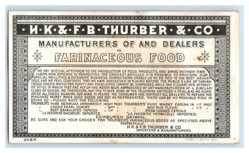 1880s Scarce H K & F. B Thurber & Co. Mfg. Farinaceous Food Lady Dead Bunny P116