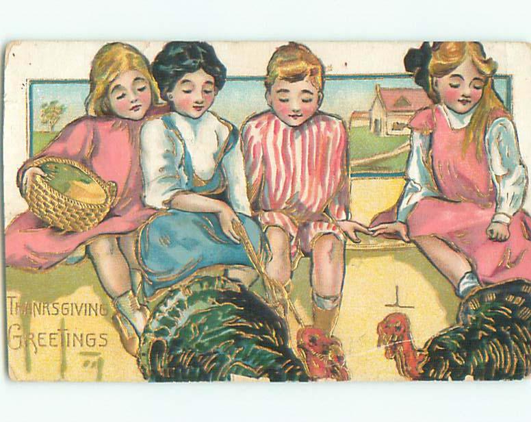 Pre-Linen thanksgiving THREE GIRLS AND ONE BOY BESIDE TURKEYS k8959