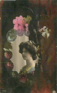 Postcard RPPC 1909 Pretty Woman Paint Palette hand tint color 23-13268