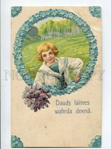 3056742 Boy w/ VIOLETS Bouquet Vintage Embossed RPPC