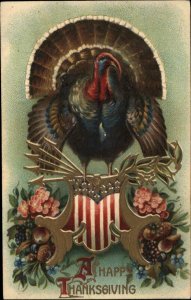 Thanksgiving Regal Turkey on Patriotic American Emblem c1910 Vintage Postcard