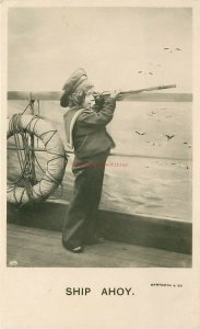 Nautical Girl Holding Telescope, Dressed in Sailors Outfit, Ship Ahoy, RPPC