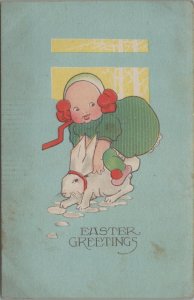 c1910s Easter Greetings child toddler in green riding white rabbit snow C619 