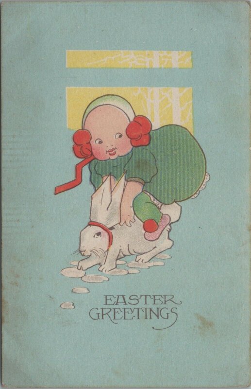 c1910s Easter Greetings child toddler in green riding white rabbit snow C619 