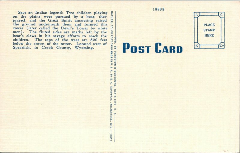 Vtg 1930s Devil's Tower near Black Hills South Dakota SD Unused Linen Postcard