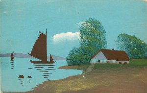 1920s Hand Painted Art Postcard Nr. 514. House & Boats on Water, Germany