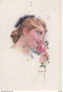 USABAL: Female Portrait with a pink rose, PU-1918