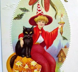 Halloween Postcard Fantasy Witch Vampire Bats Candle Black Cat Stecher 1913