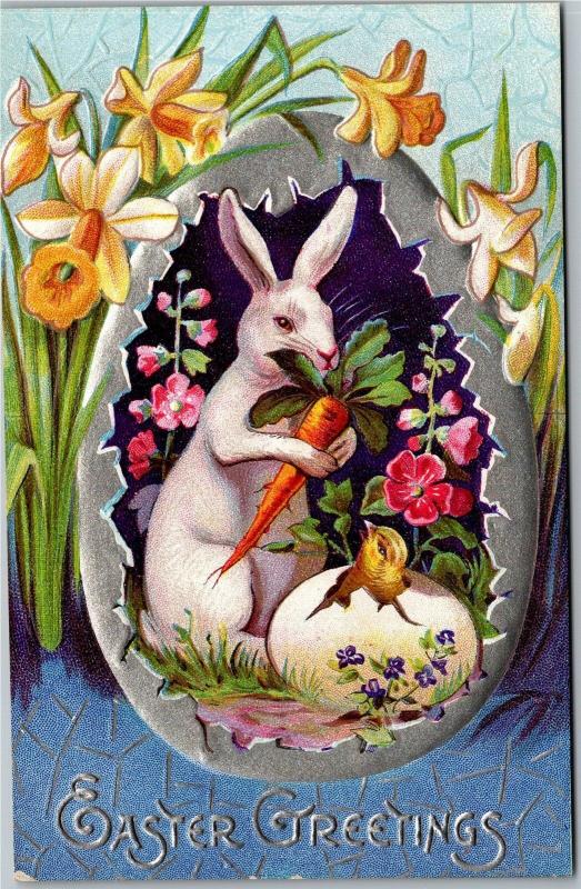 Easter Greetings, Rabbit with Carrot and Hatching Chick Egg Vintage Postcard M14