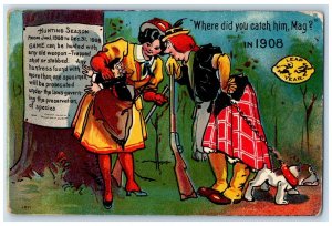 c1910's Leap Year Hunting Season Woman With Rifle Bulldog Antique Postcard 