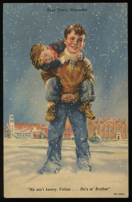 He ain't heavy, Father...He's m' brother. Curt Teich linen postcard. Boys Town