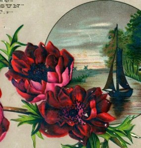 1880s-90s Embossed Rising Sun Yeast Sailboat Lake Red Wildflowers #H