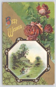 Greetings~Best Wishes~Mother & Child Walk Home~Red Roses~c1910 Postcard