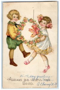 c1910's Joyful Children Dancing With Flowers Ribbon Posted Antique Postcard