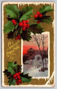 A Merry Christmas, Rural Scene, 1910 Postcard, Alberton Ont Split Ring Cancel