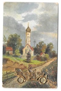 Vintage Novelty Postcard Antique Gold Auto Car 3D Add On Country Church Scene
