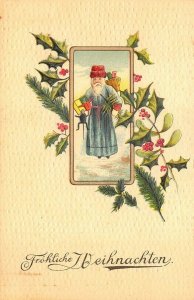 Blue Suited Santa Claus With Red Hat Toys Christmas Embossed Postcard