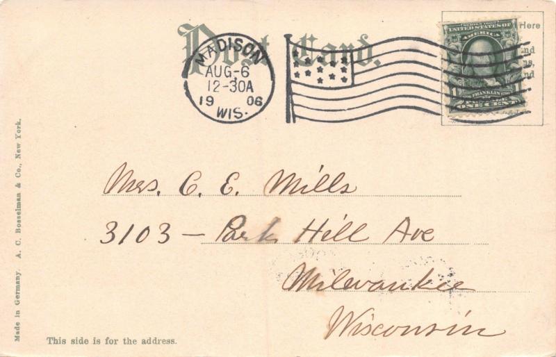 MADISON WISCONSIN~ALONG LAKE MENDOTA'S SHORE POSTCARD 1906 PSMK