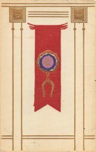 COAT OF ARMS RED RIBBON HORSE SHOE EMBOSSED POSTCARD (1908)