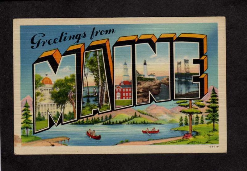 ME Greetings From Maine Large Letter Linen Postcard Lighthouse
