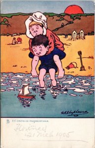 Un Obstacle Insurmontable Boy Carrying Girl Water Sailboat Tuck Postcard F32