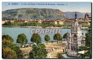 Old Postcard Geneva La Place Des Alpes And Monument From Brunswic Panorama
