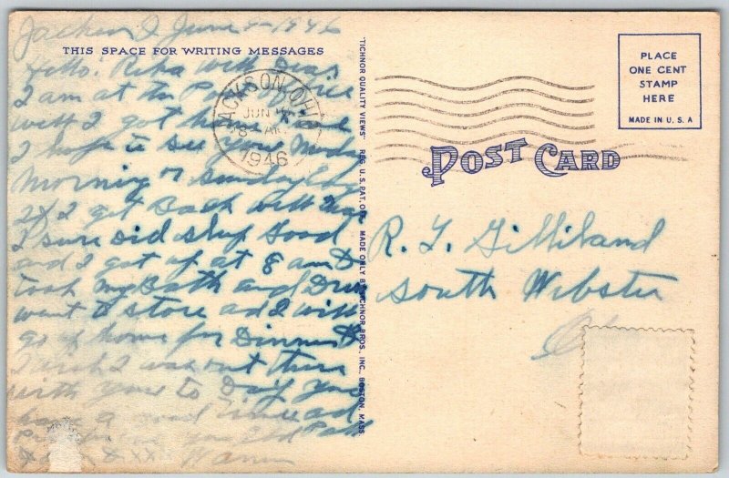 Jackson Ohio 1946 Greetings Postcard Boaters Sunset River