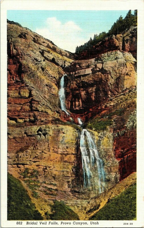 Bridal Veil Falls Provo canyon Utah WB Postcard Vintage CT American Art Falls 