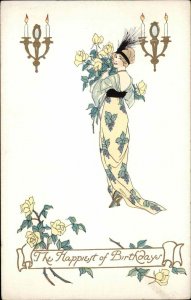 Birthday Art Deco Beautiful Woman Asian Inspired Fashion c1920 Vintage Postcard