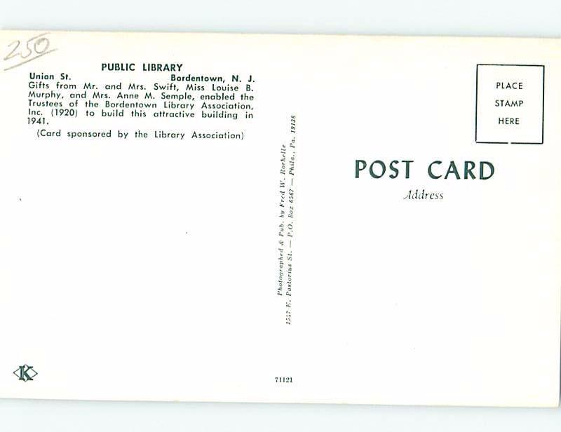 Unused Pre-1980 LIBRARY SCENE Bordentown - Near Hamilton & Trenton NJ d6038-12