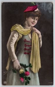 RPPC Edwardian Woman Hat Scarf Hand Colored Photo Postcard S21