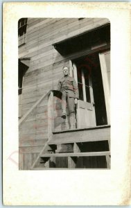 c1910s WWI Era Military Soldier Photo Postcard Walking to Stairs Army USMC A3