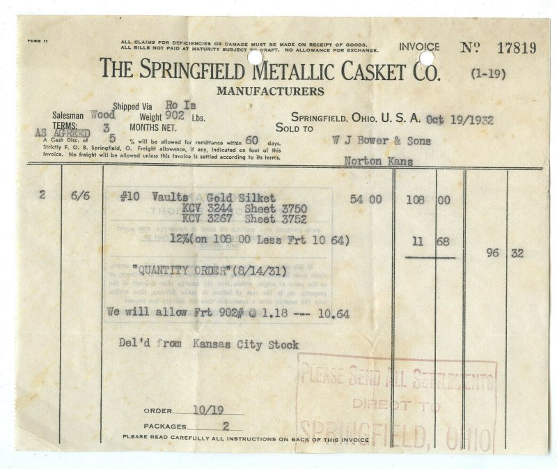 The Springfield Metallic Casket Company Kansas City KS Vtg. Oct 19, 1932 Invoice 