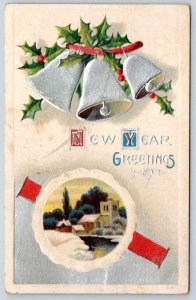 1910 NEW YEAR GREETINGS SILVER BELLS VICTORIAN EMBOSSED POSTCARD