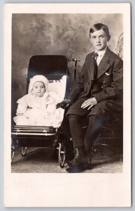 Real Photo Postcard~Portrait Handsome Big Brother~Baby Buggy Sis~Furry Hat~c1908 