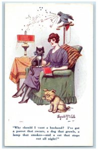 c1910's Pretty Woman With Cat And Puppy Dog Singing Parrott Antique Postcard